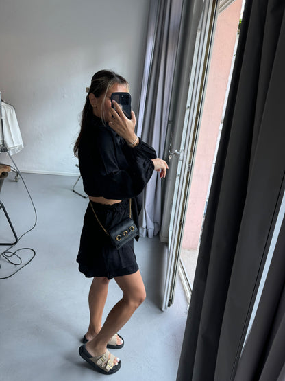 Black two-piece set: crop shirt blouse with tie belt and shorts with pockets