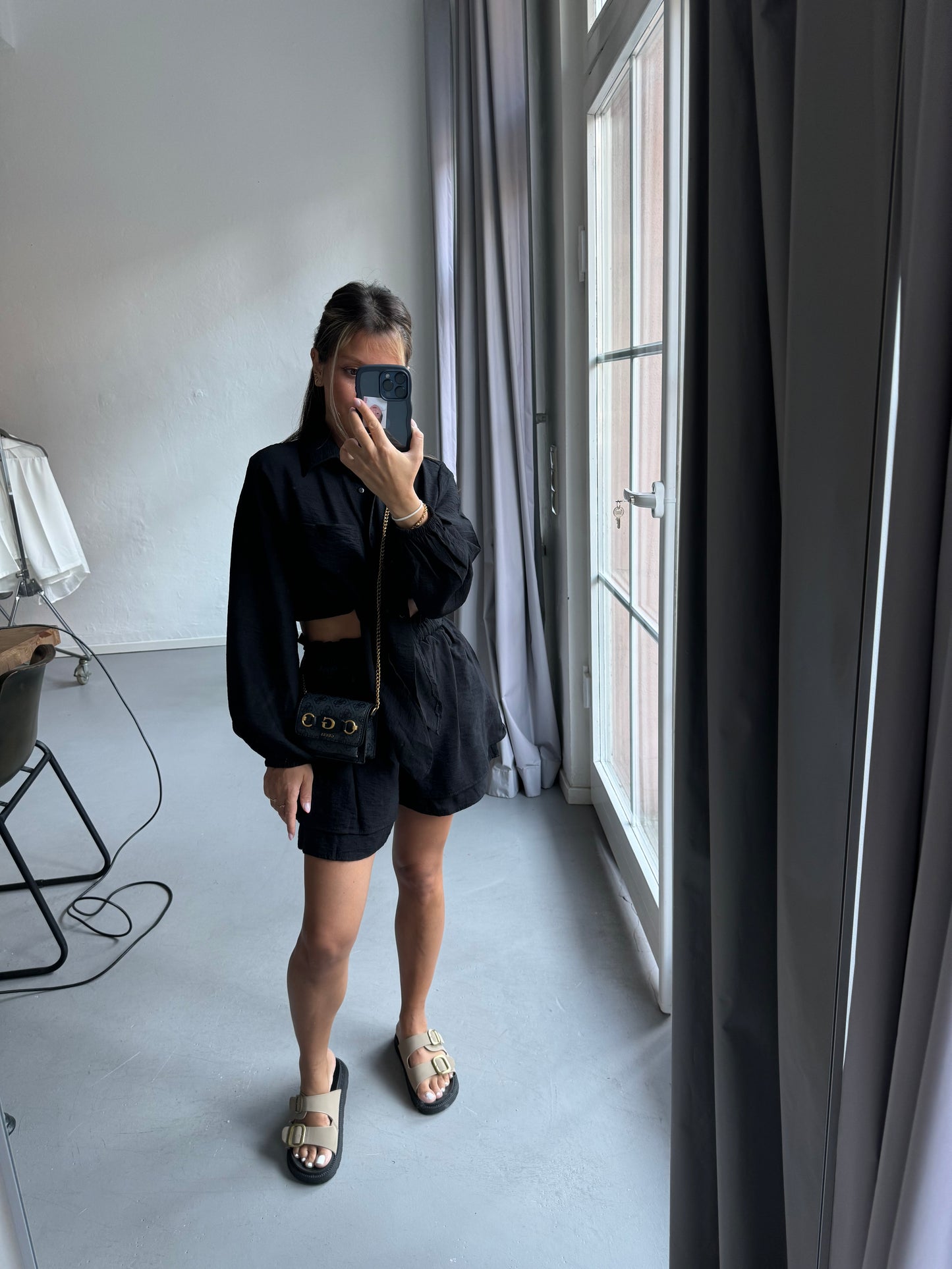 Black two-piece set: crop shirt blouse with tie belt and shorts with pockets