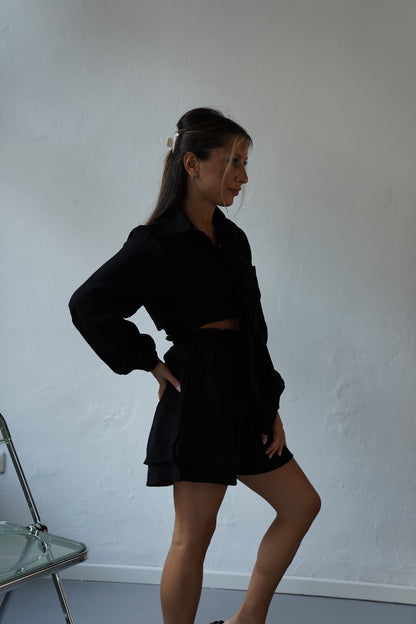 Black two-piece set: crop shirt blouse with tie belt and shorts with pockets